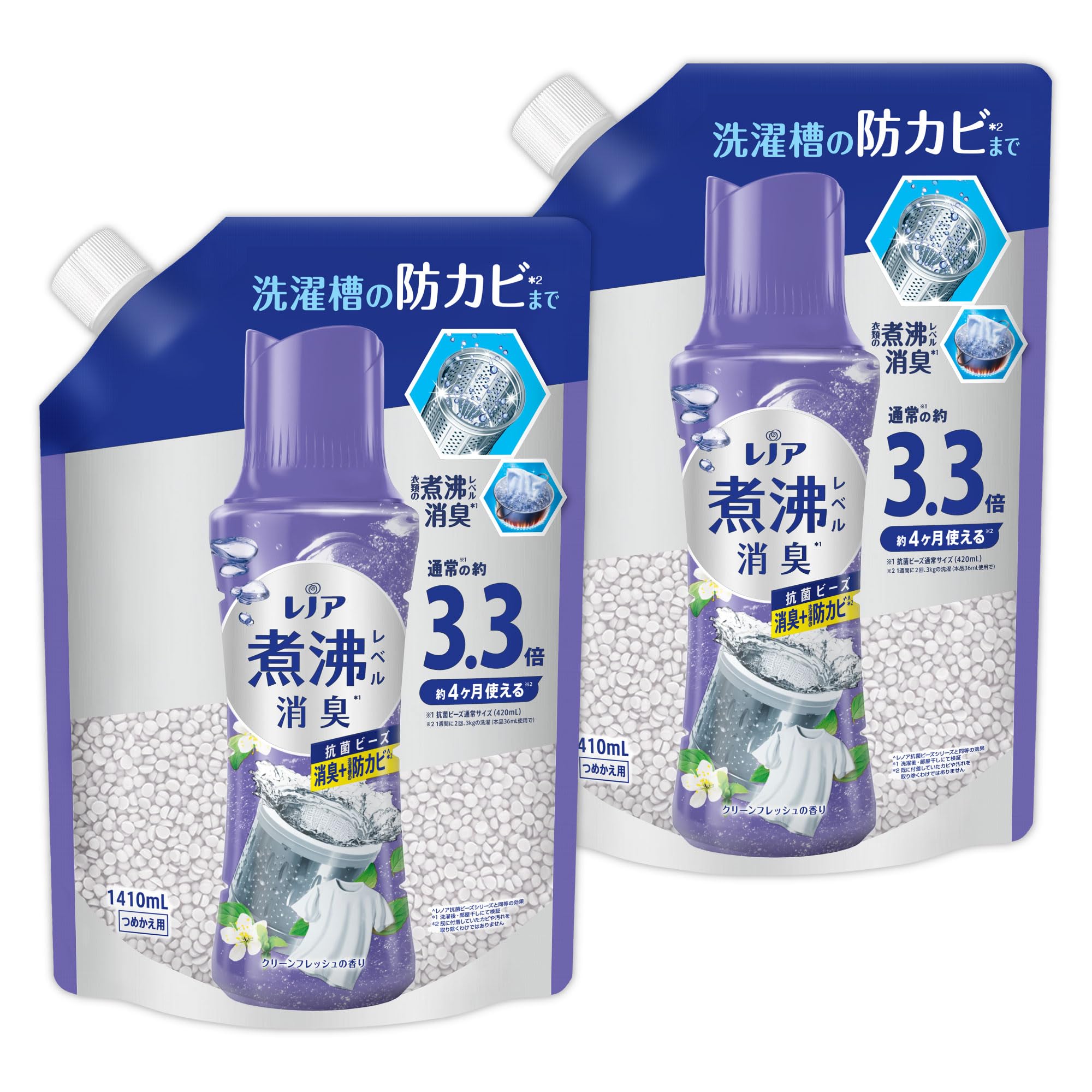 レノア 超消臭 煮沸レベル消臭 抗菌ビーズ 消臭+防カビ クリーンフレッシュ 詰め替え 1,410mL×2袋 【まとめ買い】 [大容量]