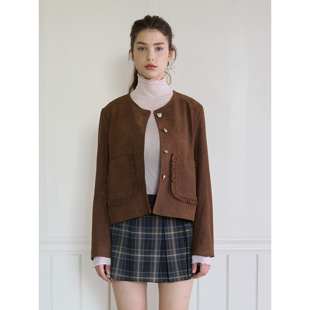 ピンクパイナップルフリルポケットスエードジャケットブラウン