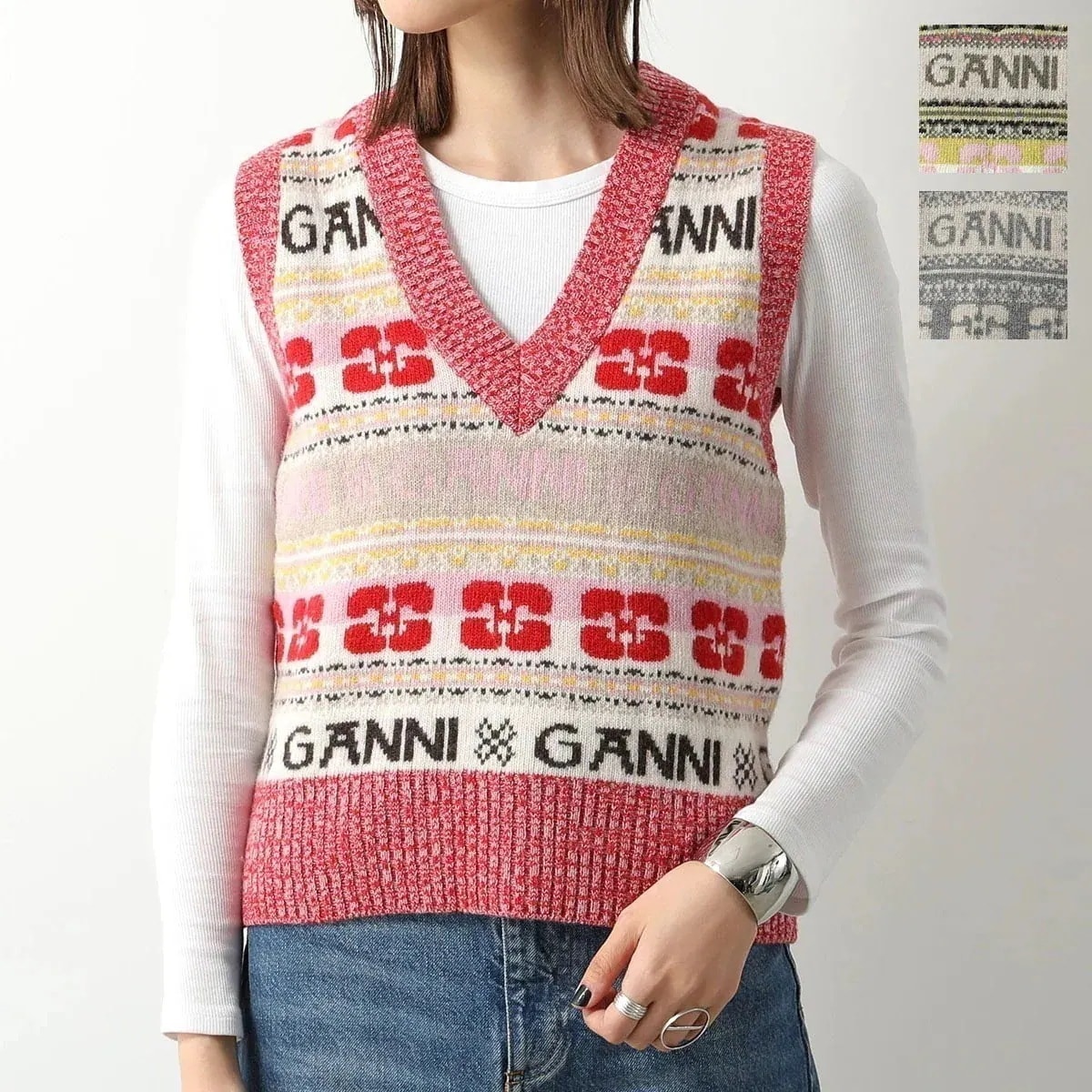 GANNI ガニー ニットベスト Logo Wool Mix Vest K1902 K1972 K2036 2616 レディース Vネック ノースリーブ ウール