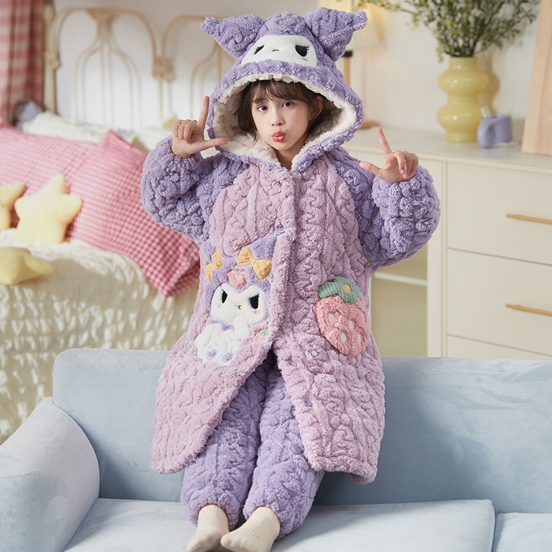 子供用コーラルベルベット三層厚みキルティングホーム服女の子クロミパジャマフランネル冬スーツ
