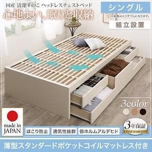[組立設置料込み]国産 清潔すのこ ヘッドレスチェストベッド Renitsa レニツァ [薄型スタンダードポケットコイルマットレス付き] シングル [フレーム色]ホワイト