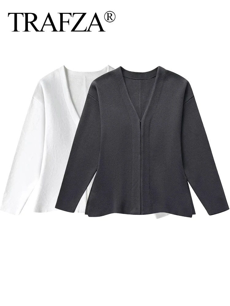 Trafza-女性用シングルブレストニットセーター,スリムカーディガン,Vネック,長袖,白,カジュアル,春のファッション - 200000345