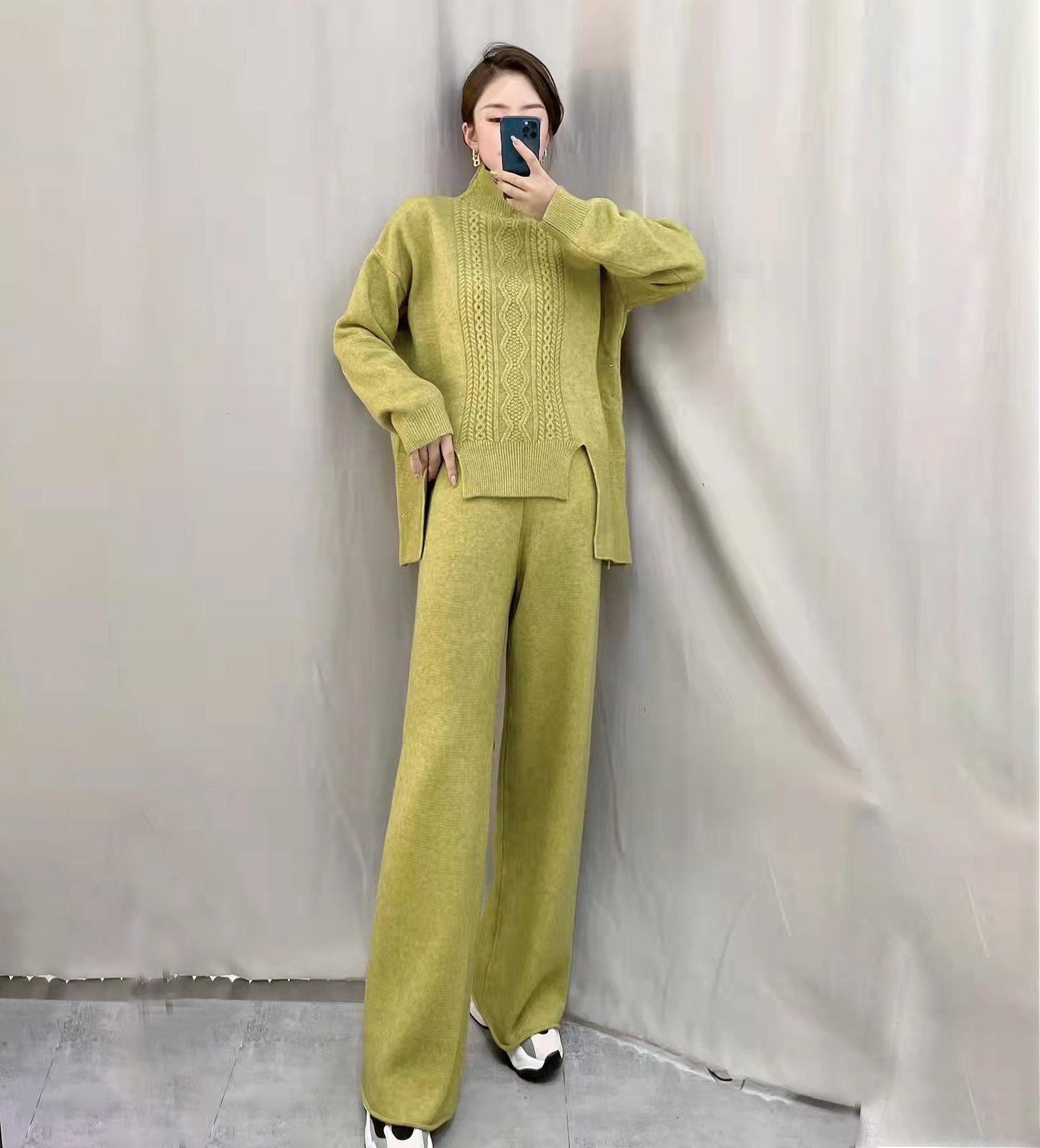 セット トップス ボトムス セーター ワイドパンツ 袖あり 長袖 ドロップショルダー 襟付き ハイネック デザイン オーバーサイズ 美ライン ニュアンス リブ ケーブルニット 伸縮性 ニット