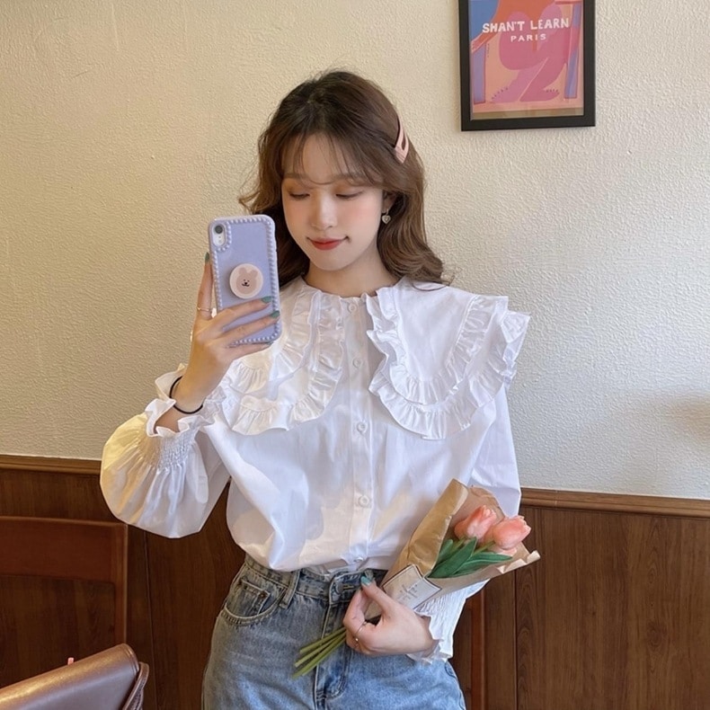 ビッグカラー トップス シャツ ブラウス 白シャツ 白トップス ショート ショート丈 半端丈 長袖 ボリューム袖 ラウンドネック 襟付き ストレート シャーリング フリル 前開き ボタン かわいい 7,542円