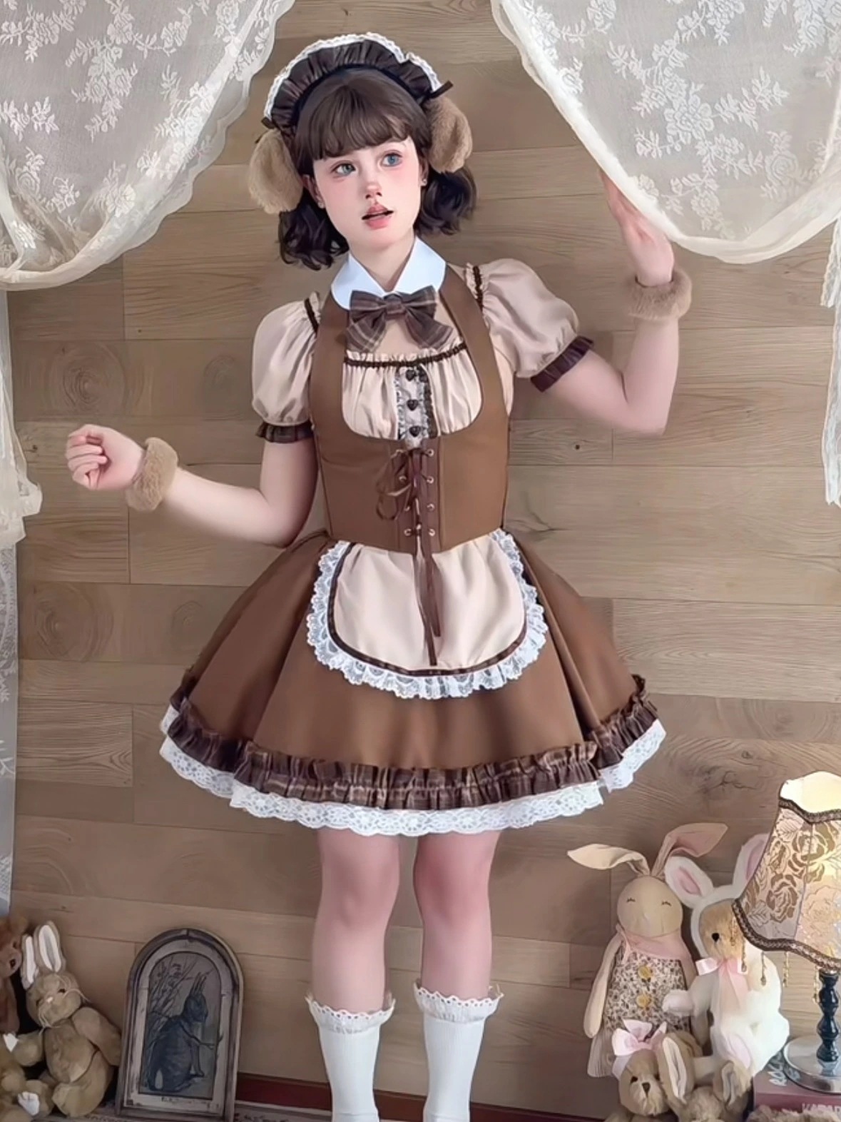 【新作登場 最安値】7点セット 柴犬メイド服 コスプレ服 エルロン付きワンピース 髪飾り付き 半袖 膝丈 茶色 パフスリーブ 舞台ドレス コスプレ仮装 ロリータ パーティー 舞台衣装 イベント変装