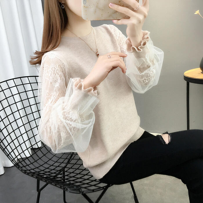 トップス レース 切り替え ニット セーター カットソー レディース エレガント きれいめ カジュアル 長袖 大人 可愛い フェミニン おしゃれ 透け感 プルオーバー 体型カバー ベージュ グレー ブ