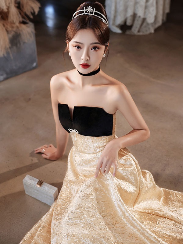 新しい カラードレス 編み上げ パーティードレス フォーマルドレス ロングドレス ビスチェ ベアトップ 結婚式 二次会 発表会 ゴールド 切替 Aライン ウェディングドレス ゲストドレス ブライダルド