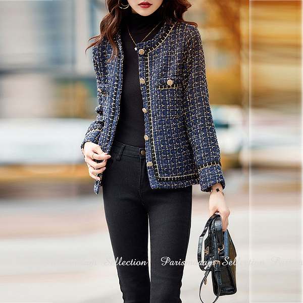 New type追加！ノーカラージャケット　ネイビー系　ツイードジャケット　長袖　セレモニー　上品　ショートジャケット　ほっそり効果大通勤女子会20代30代40代50代60代jk-2408-4