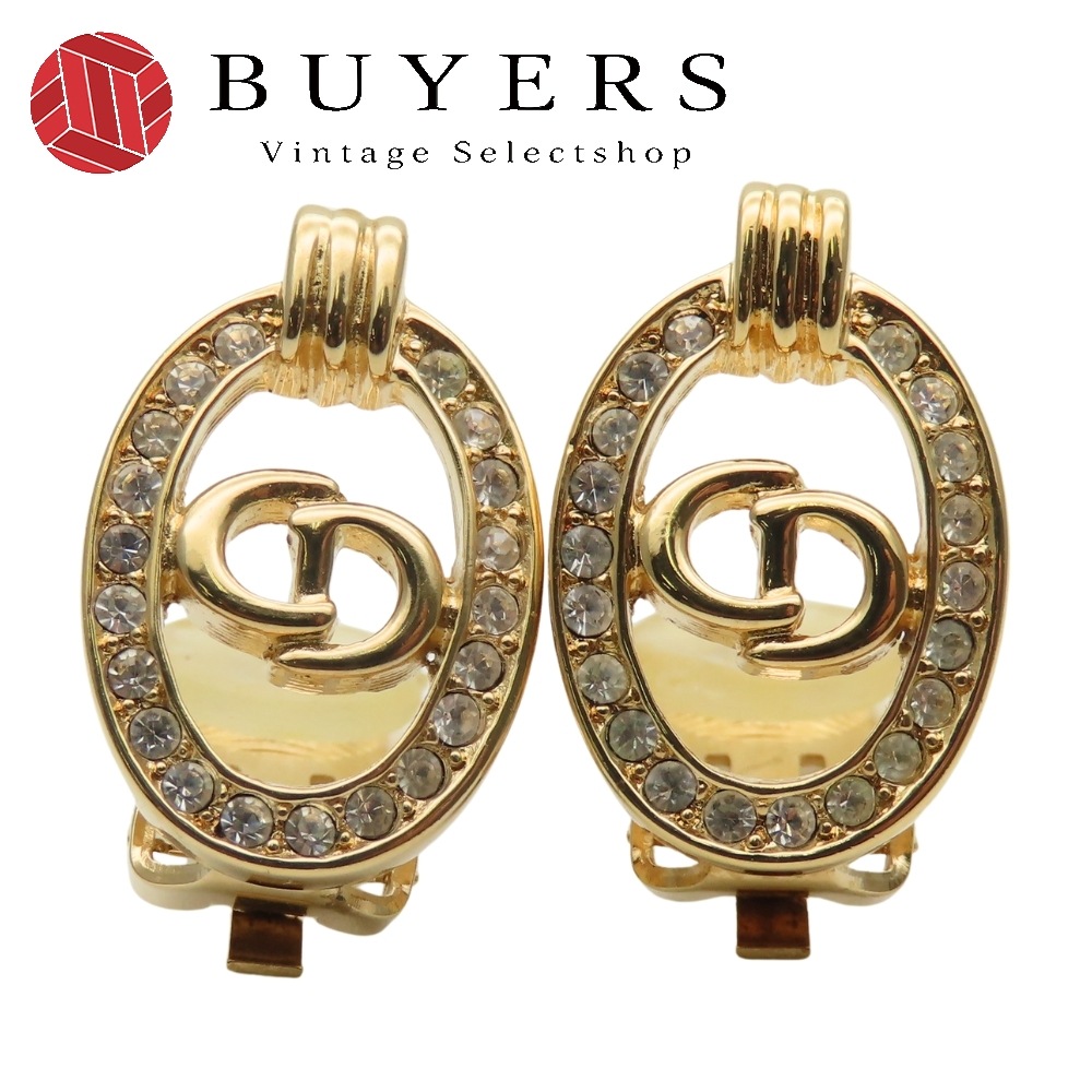 中古 イヤリング CDロゴ メタル ラインストーン ゴールド メッキ アクセサリー GP レディース 女性