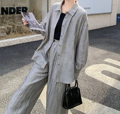 レディース パンツ シャツ セットアップ ロング 長袖 角襟 ポケット 前開き ボタン シンプル カジュアル おしゃれ かっこいい こなれ感 ラフ メンズライク 個性的 主役級 存在感 抜け感 無地