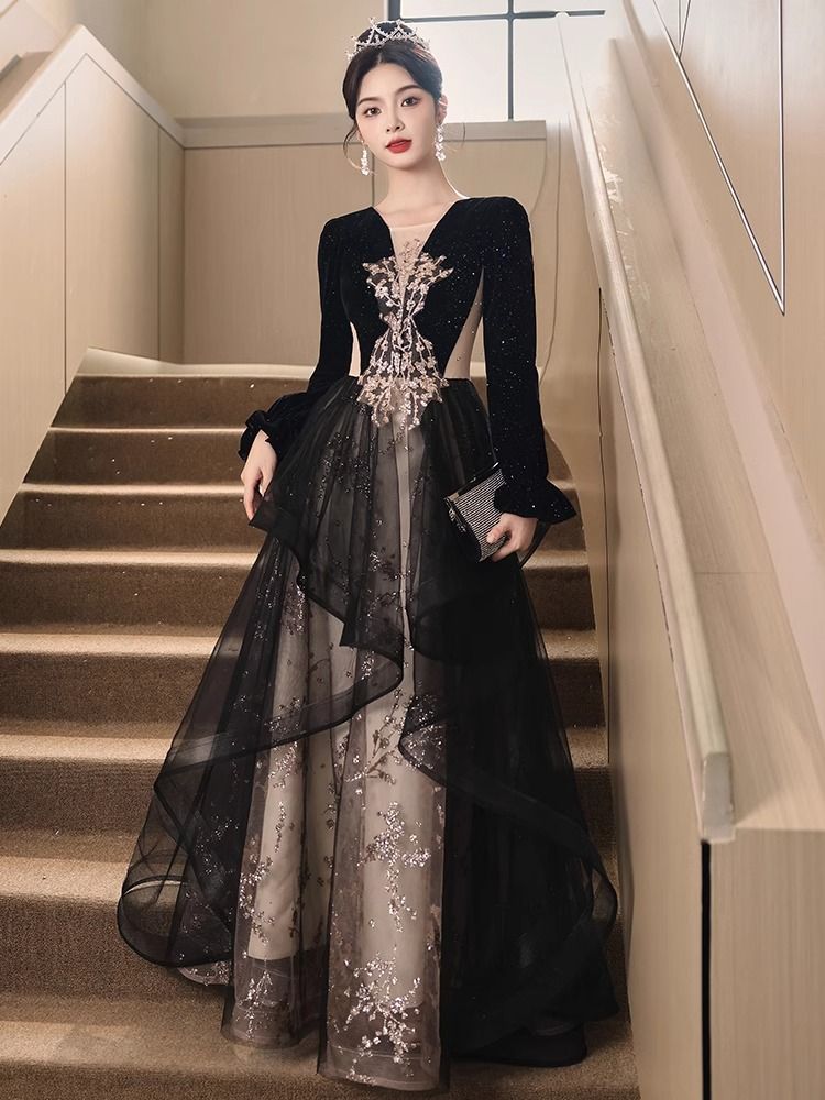 【2枚購入で 3oo円OFF！】ブラックドレス2025エレガントバンケットハイエンドディナーホストドレス