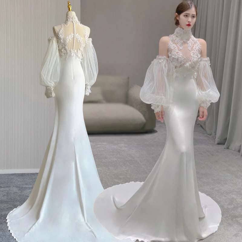 2WAYフレンチレースのフィッシュテールのウェディングドレス挙式二次会ブライダルレディースロングドレスレースプリンセスライン撮影花嫁披露宴結婚式着脱可能な袖 12,702円