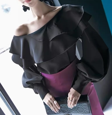 レディース トップス ブラウス 長袖 ボリューム袖 ワンショルダー アシンメトリー シフォン フリル 大人可愛い きれいめ シンプル 上品 おしゃれ かっこいい レトロ こなれ感 ガーリー ルーズ