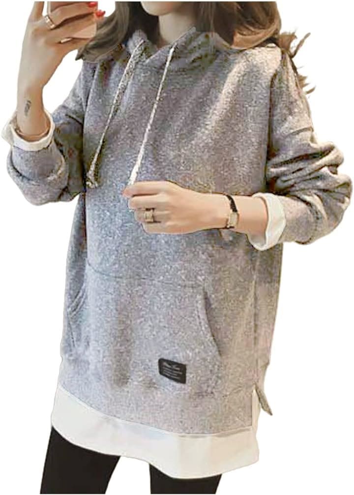 フード付きパーカー 裏起毛 フェイクパーカー トレーナー プルオーバー 前ポケット付き レディース(グレー, M)