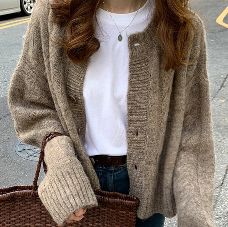 セーターカーディガン 厚手 ブラウン アイボリー トップス ニットソー セーター カーディガン