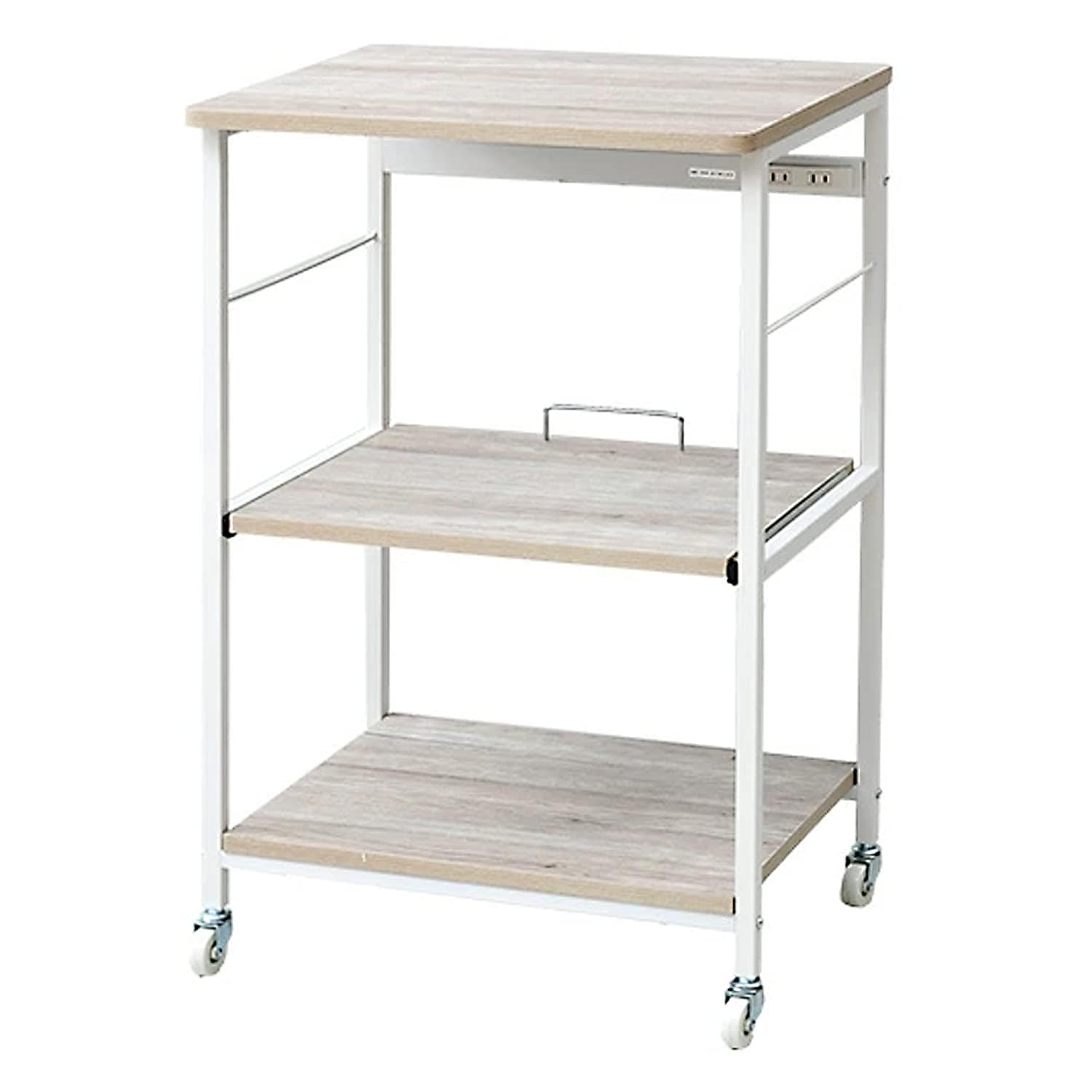 レンジラック 【全体耐荷重40】 幅57×奥行45.5×高さ91cm 2口コンセント スライド棚(スムーズレール) キャスター付き レンジ台 ラック 組立品 アイボリー(木目) DRW-WIDE(A