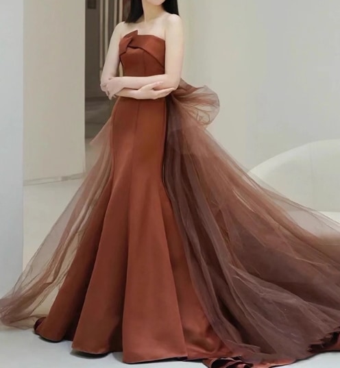 カラードレス テラコッタ色 ベアトップ マーメイドライン ふっくら柔らかなバックリボン 前撮り
