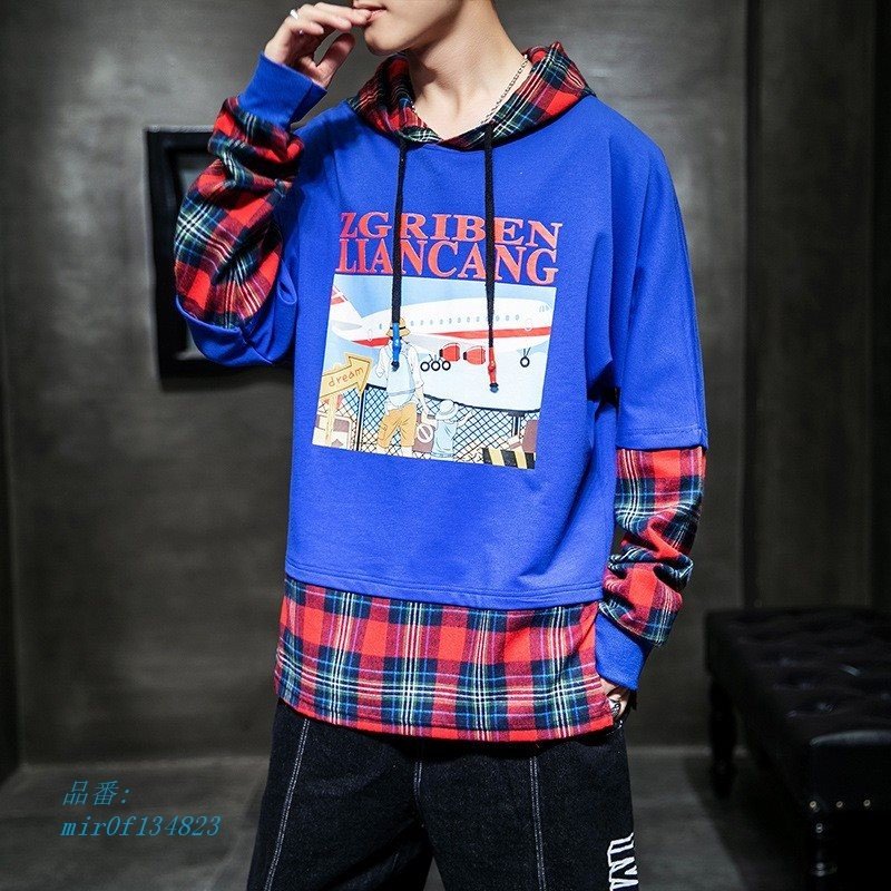 パーカー 格子柄 ワンポイント フード付き トップス ゆったり カジュアル 普段着 フェイクレイヤー