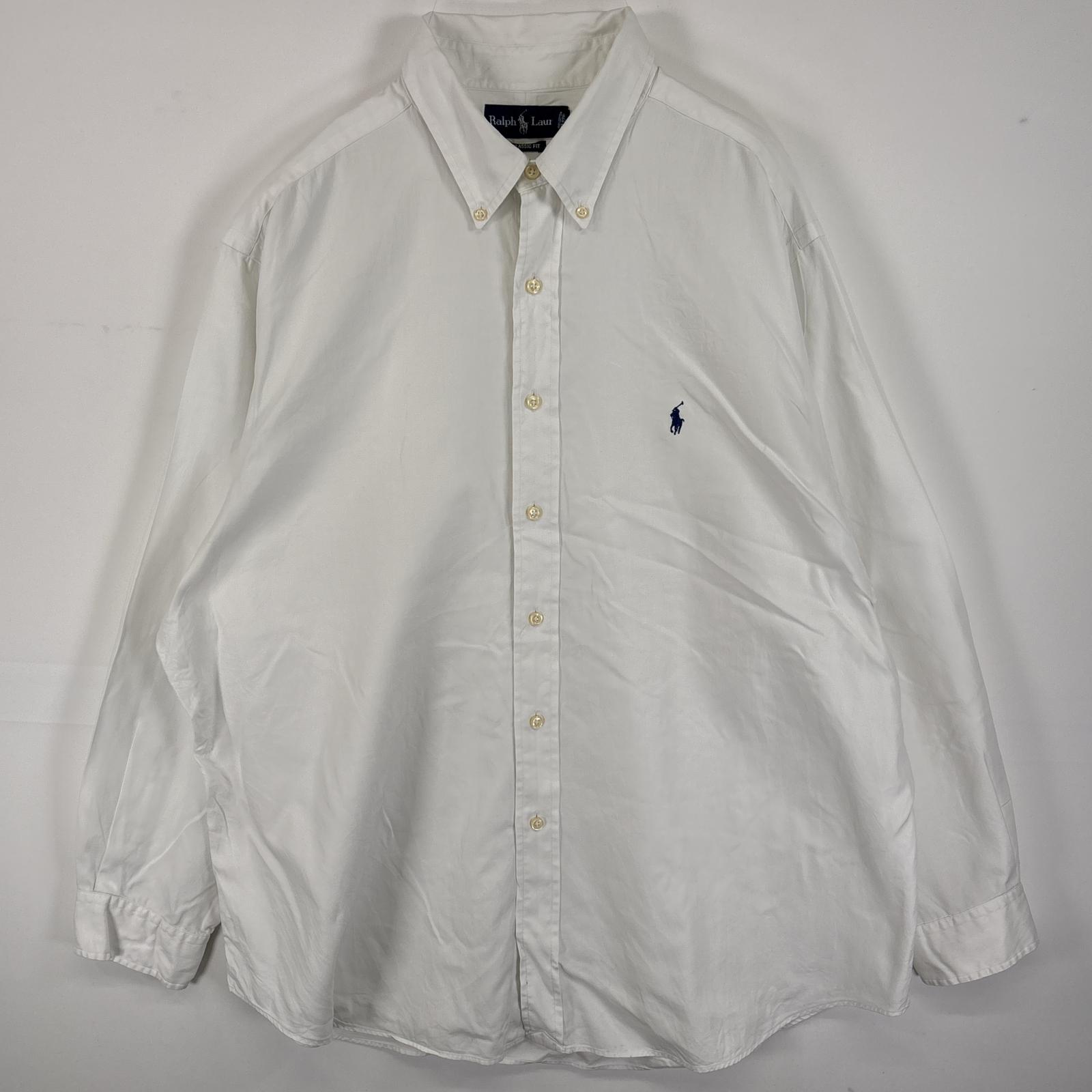 古着 長袖シャツ ボタンダウンシャツ ワンポイント ロゴ 刺繍 大きいサイズ 18 2XL ホワイト 無地 メンズ