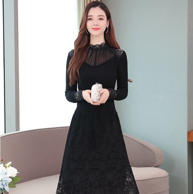 ワンピース フレアワンピース 膝丈 ひざ丈 膝下 袖あり 長袖 ハイネック フレア プリーツ レース 刺繍 ウエストマーク 透け感 シースルー かわいい 大人可愛い おしゃれ お洒落 大人女子