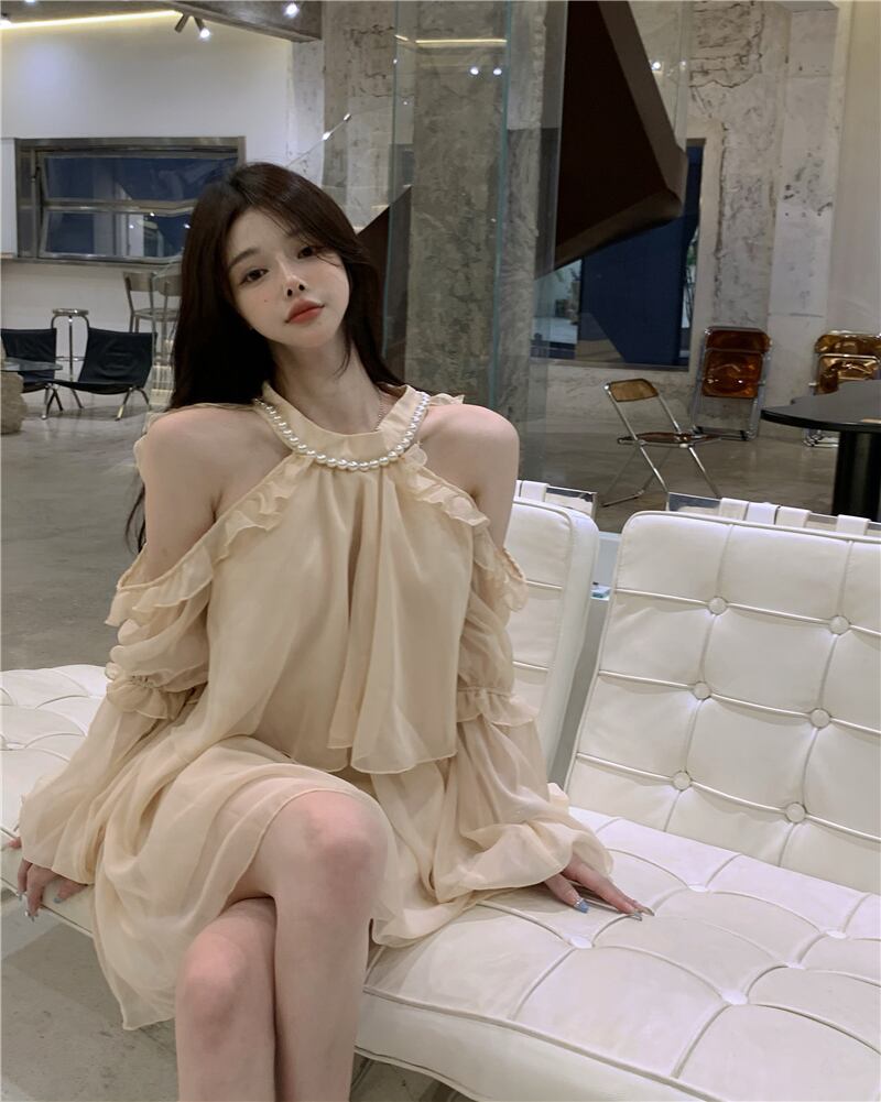 ワンピース ドレス レディース ミニ ショート 膝上 長袖 パフスリーブ ホルターネック オフショルダー フレア フェミニン シフォン ハイウエスト 透け感 ビジュー かわいい おしゃれ ガーリー ル