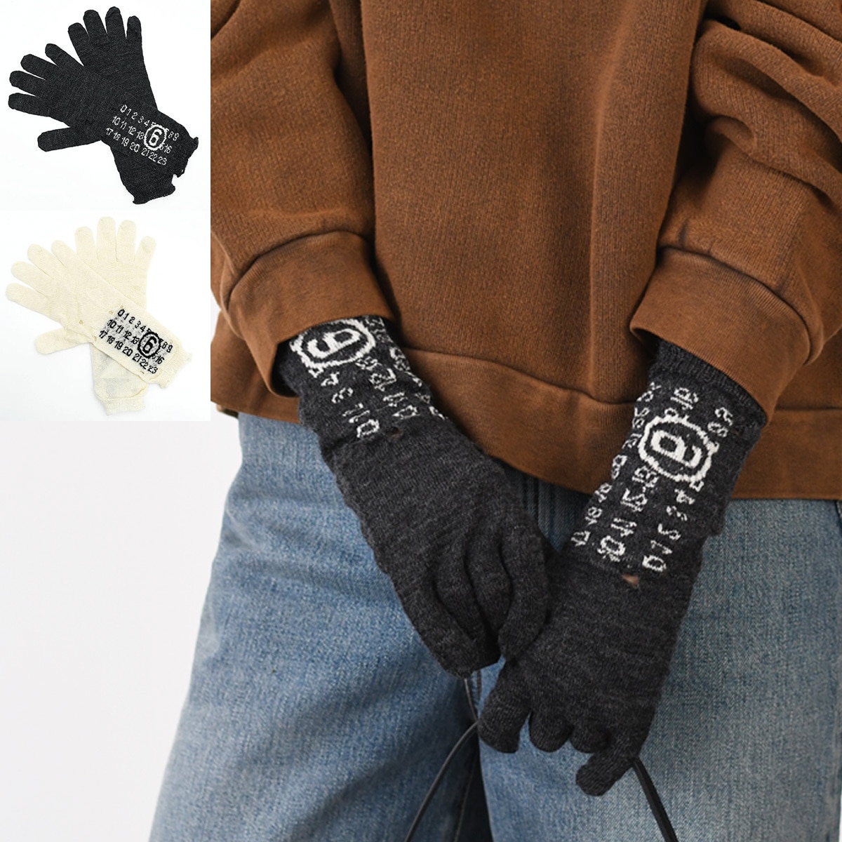 メゾン マルジェラ 手袋 ウール グローブ S52TS0043 M13135 レディース グレー ホワイト ダメージ加工 ロゴ リブ編み