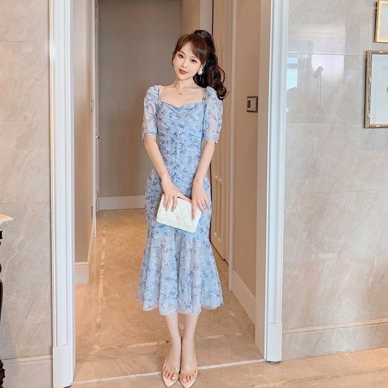 【JY.上品】 夏 ロングスカート スクエアネック ブロークンフラワー フィッシュテイル ワンピース フォーマル パーティードレス 同窓会 結婚式 披露宴 卒業式 演奏会 二次会 発表会