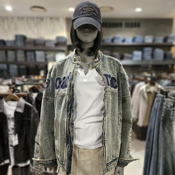 スリットディテールバイカーデニムジャケット-DG
