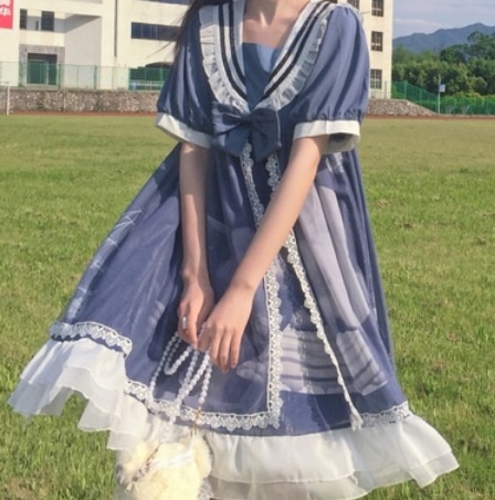 フリルワンピース ワンピース ひざ丈 袖あり 半袖 Aライン フリル リボン 爽やか かわいい きれいめ シンプル カジュアル 上品 おしゃれ レトロ ラブリー キュート ガーリー 個性的 主役級