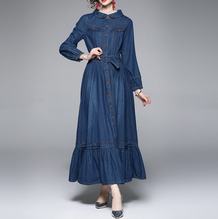 ワンピース 上着 人気 おすすめ おしゃれ お洒落 激安 安い プチプラ 長袖 ロング ラウンドネック 丸首 フレア ふんわり 無地 フリル リボン デニム 可愛い かわいい 韓国 シンプル