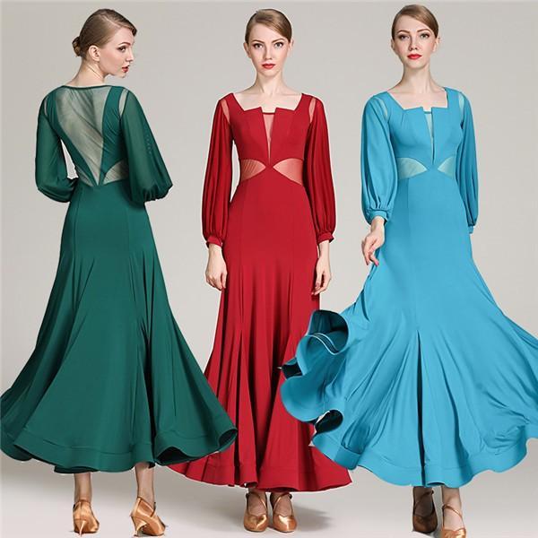 社交ダンス 衣装 モダンドレス ラテンドレス ラテン 社交ダンスドレス 大きい裾 ブルー 緑 ダンス スタンダードドレス ワルツダンス