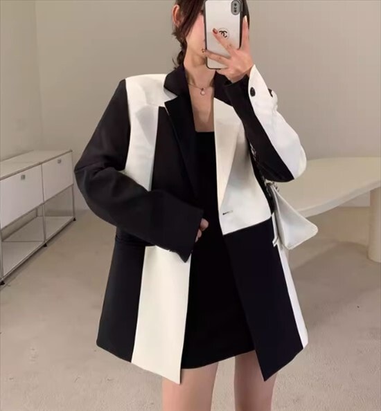 アウター トップス ジャケット テーラードカラー スーツジャケット カーディガン ジャケット シングルブレスト レギュラー丈 春 秋 長袖 前開き ボタン ポケット バイカラー 切替デザイン