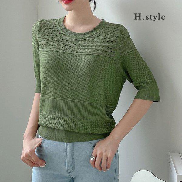 HスタイルKNRNクロシェRニットティー/夏/半袖/ニットTシャツ/カーディガン/ベスト/ラウンド/Vネック/チョッキ