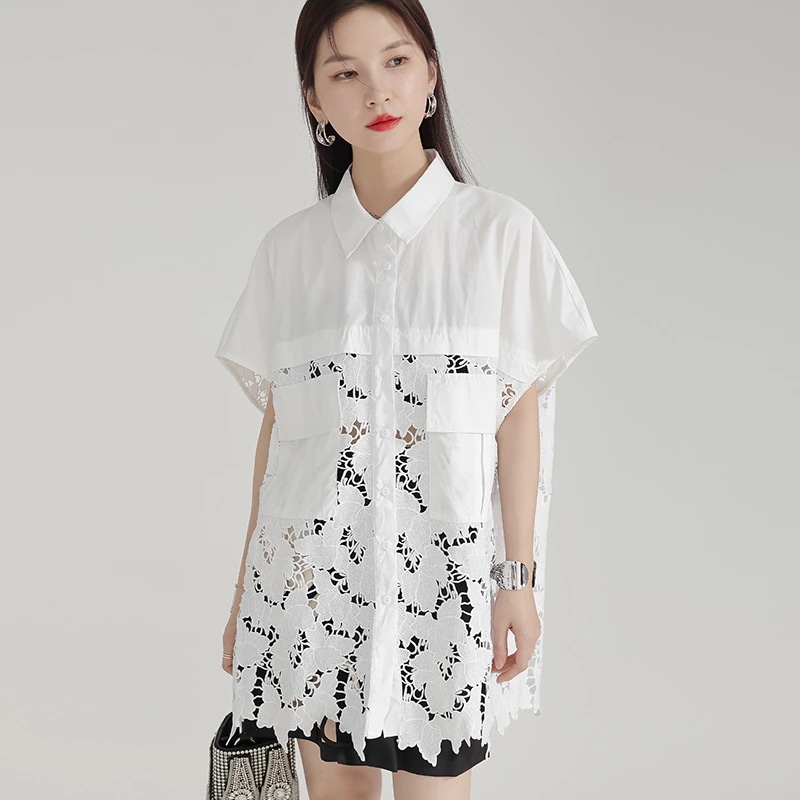 重工焼花透かし彫りペンダント感抗シワシャツ中長タイプロングシャツコート女夏