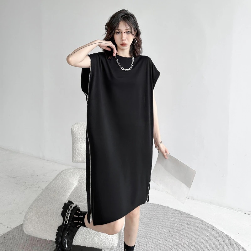 Tシャツワンピース両側ファスナー半袖夏新型ゆるい痩せファッションカジュアルワンピース
