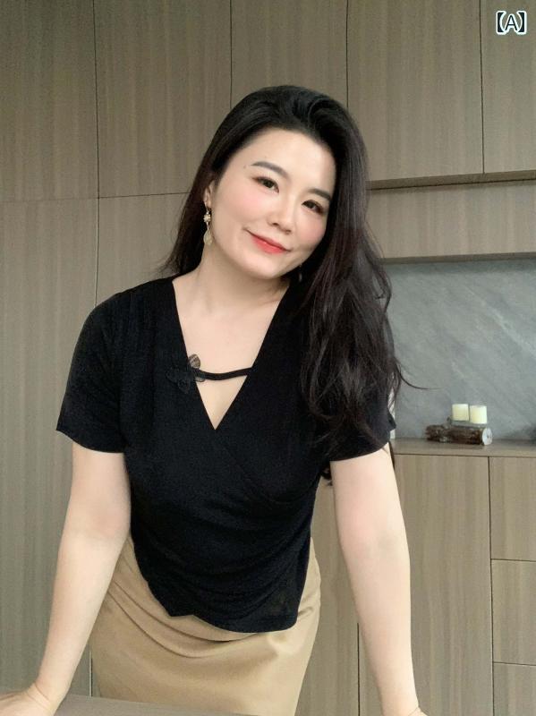 大きめサイズ レディース おしゃれ ファッション カジュアル デート 女子会 ぽっちゃり 夏新 Vネック Tシャツ 黒 スリム プリーツ 半袖