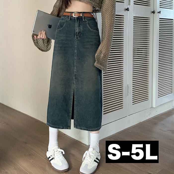 S～5L 大きいサイズ スカート ロングスカート 無地 デニム デニムスカート マキシスカート マキシ マキシ丈 タイト Aライン 前スリ スリット 大人 大人可愛い 夏 春夏 秋冬