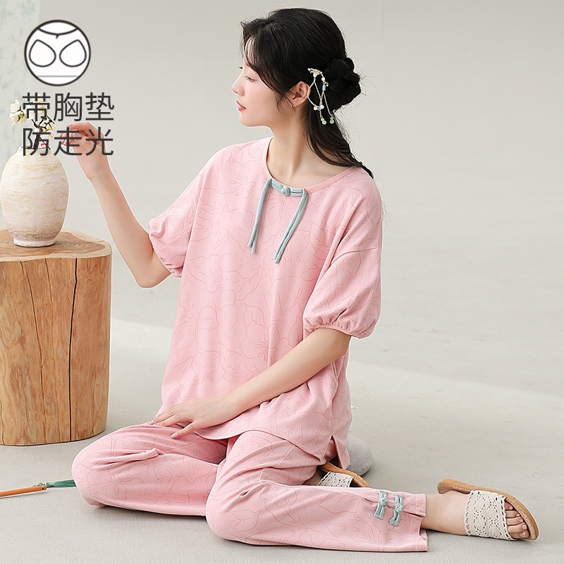 女性のための胸パッド付きの新しい中国風の中国風のパジャマ 2024 夏薄い純綿のズボンスーツ夏のホームウェア女性のための