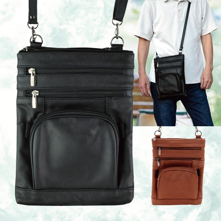 牛革 ショルダーバッグ メンズ シニア ブラック カバン 鞄 バッグ 肩掛け 斜め掛け カジュアル 普段使い 旅行 ポケット付き ファスナー式