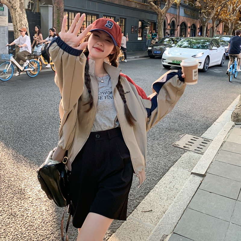 デザインセンス衝突色スプライシング野球ジャケット女性春と秋の小さなカジュアルカーディガンジャケット