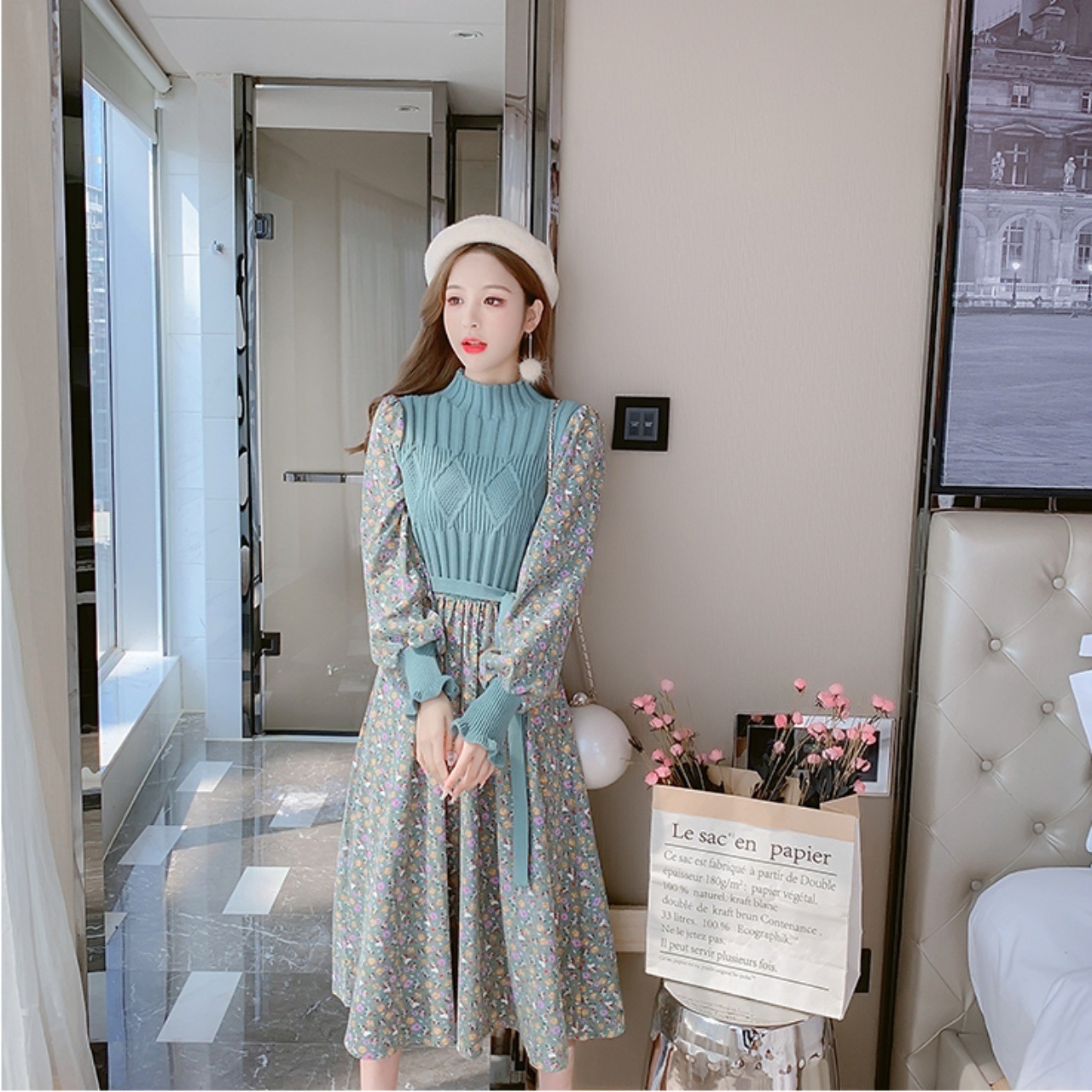 ワンピース レディース 小花柄 レイヤード アラン模様 ハイネック 長袖 ボリューム袖