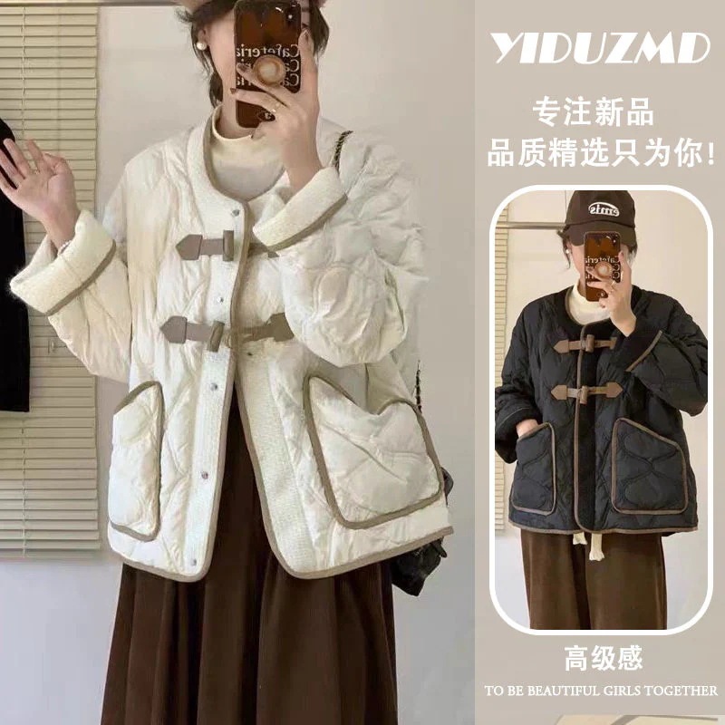新品冬服韓国風ファッショナブルなラウンドネックスプライシングレザーバックルカジュアルショートダウンジャケット30%制限