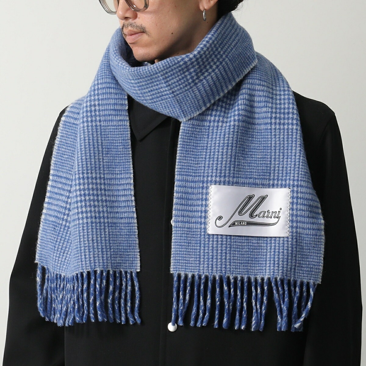 MARNI マルニ マフラー SCMC0141Y0 UAW056 メンズ ナイロン混ウール フリンジ ロゴ ストール プリンス・オブ・ウェールズチェック柄 CHB50/IRIS-BLUE