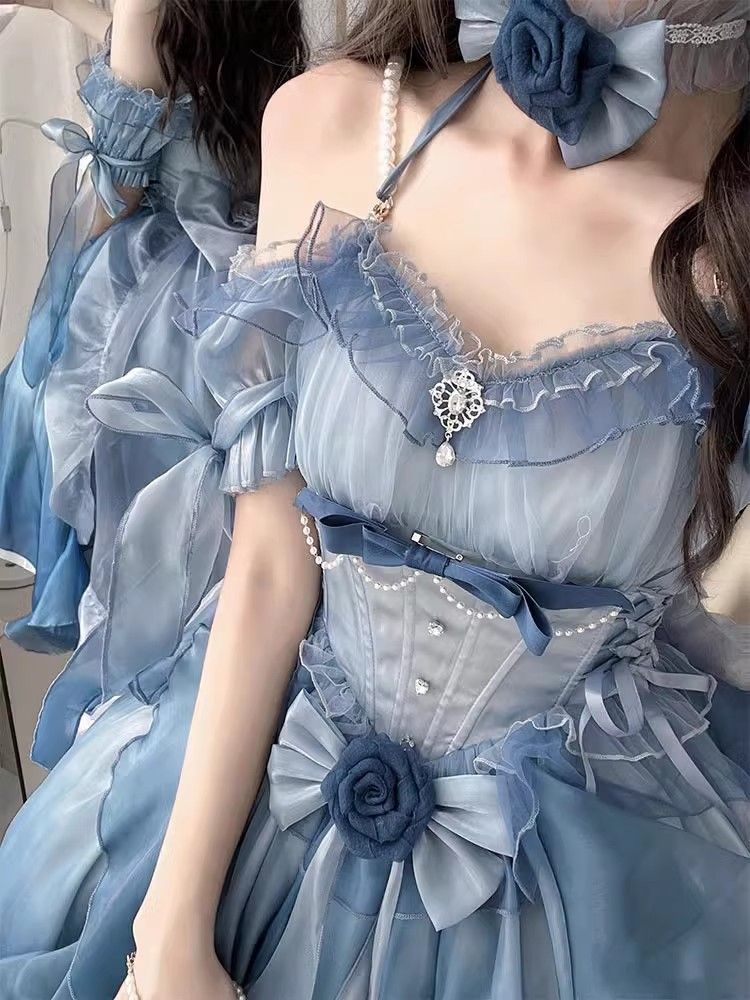 気質ブルーのウェディングドレスロリータドレス重工業末尾ふわふわプリンセスドレス秋