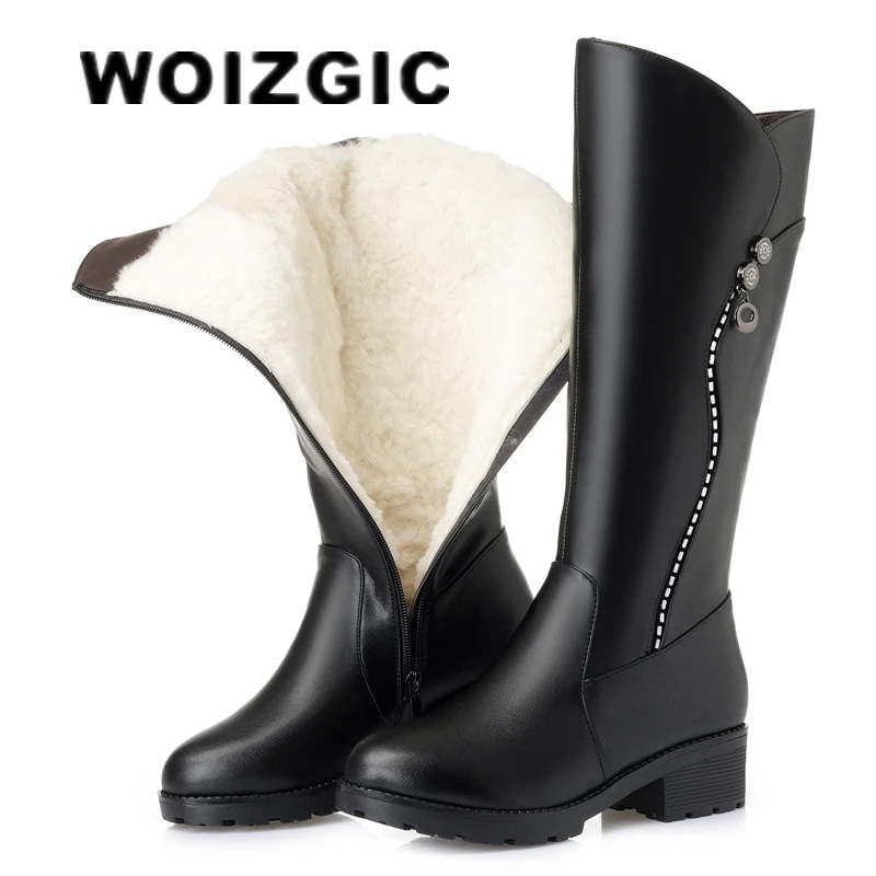 Woizgic-女性用本革ブーツ 厚手のウィンターシューズ スノーウール 暖かく 秋冬用 ミディアムヒール ジッパー付き サイズ42 43