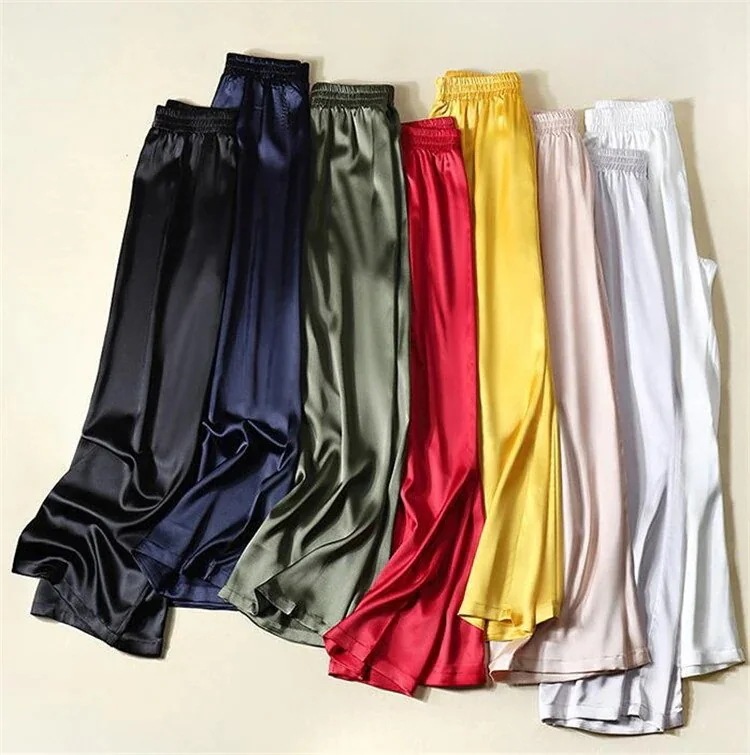 芸能人も好きな服を着ます サマー レディース シルクリアル ワイドレッグパンツ サテン ハイウエスト