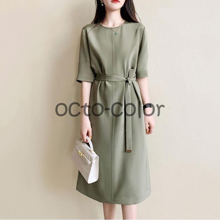 ワンピース レディース 夏 5分袖 半袖 膝丈 ワンピース きれいめ Iライン 春夏 オシャレ 体型カバー ロング丈 ロングワンピース ゆったり 上品