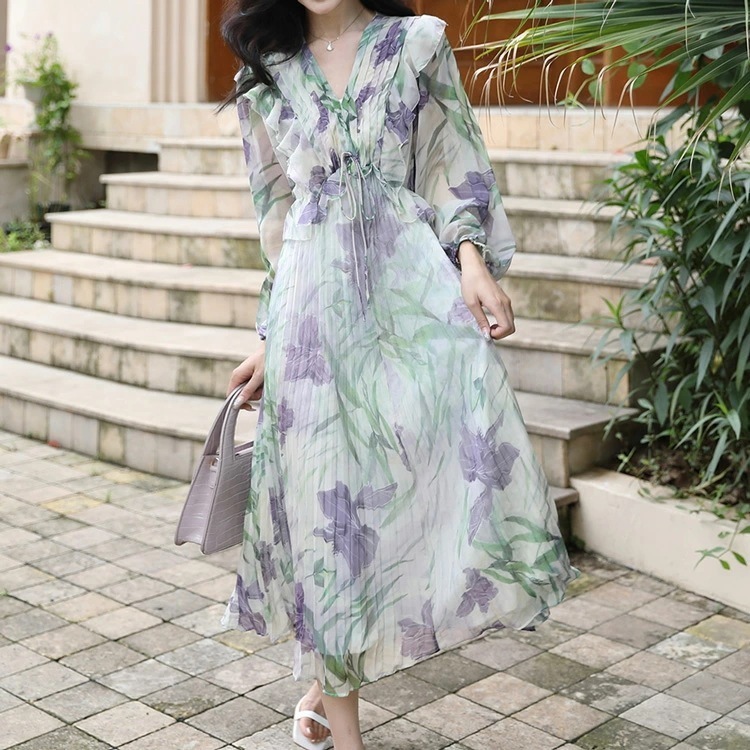 【短納期】花柄ワンピ フリル シフォン プリーツ フレアワンピ 花柄ワンピース Aライン ロングワンピース 大人 ミモレ丈 ロング丈 ガーリー きれいめ 二次会 食事会 デート 体型カバー 大きいサイ