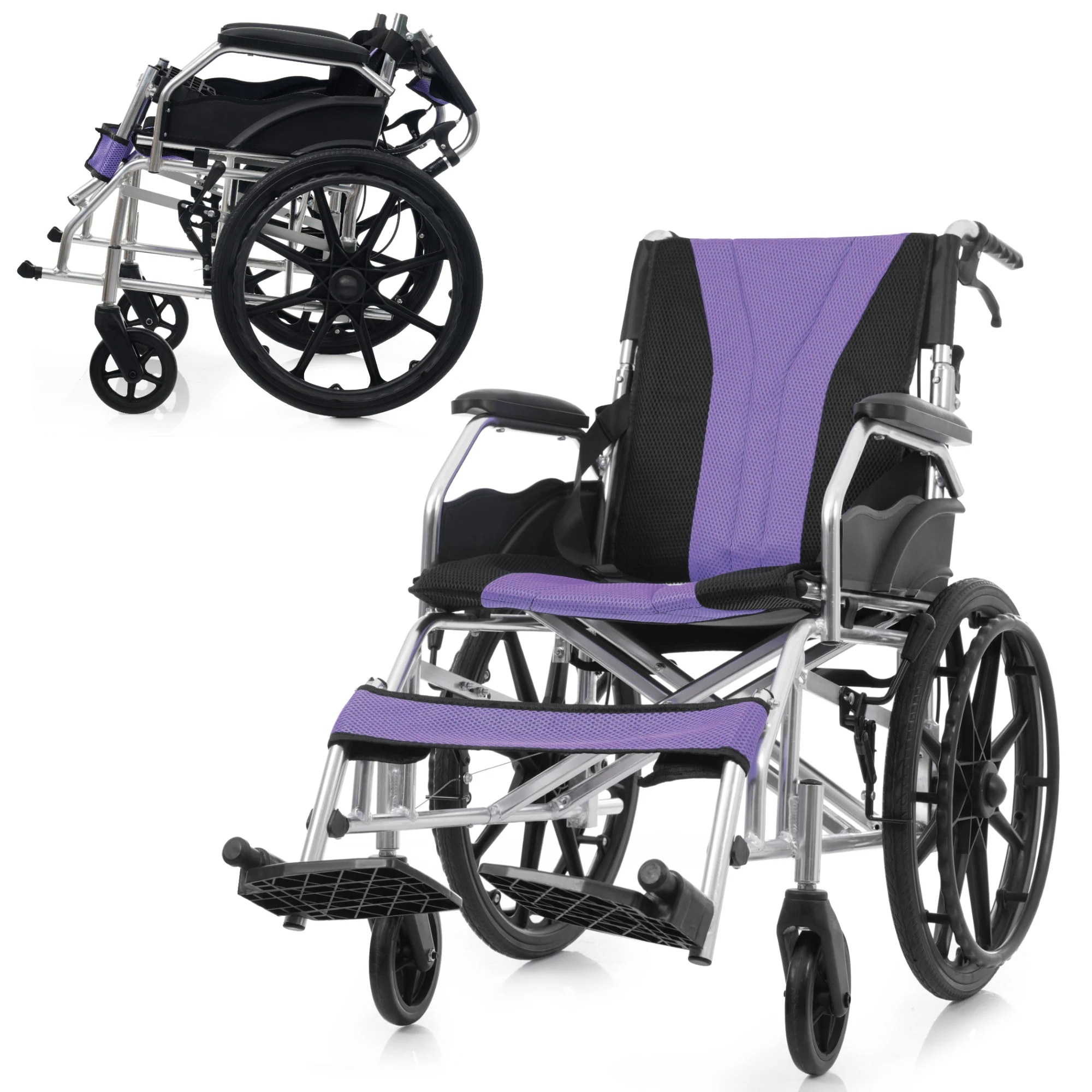 【国内発送送.料.無.料】車椅子折畳み自走式自立できる自走介助兼用アルミ製軽量コンパクト折りたたみノーパンクタイヤ収納可能コンパクト超軽量安全ベルトつき背面ポケット外出用介護ブラッ福祉用具3