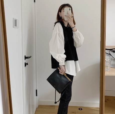 セット ブラウス ベスト 袖あり 長袖 襟なし ノーカラー デザイン ボタン S M L ウエストゴム 美ライン ニュアンス 2way ニット 2点セット カラバリ かわいい 大人可愛い きれいめ シ